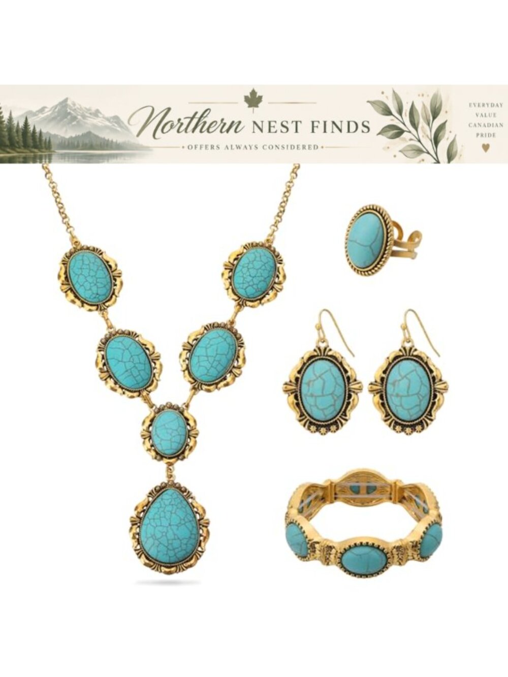 Turquoise Western Jewelry Set Necklace Earrings Bracelet Ring Boho